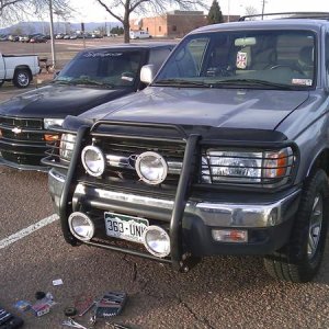 new brush guard purchased off eBay. old 7'' procomp lights from the truck we drove in Iraq... explosion and battle tested