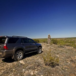 This stack of rocks on private property in West Texas is known as a "water monument." High upon a hill sits this 8-foot tall stack of rocks for the pu