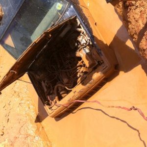 My fellow jeep wheeler in need of my jeep recovery unit!! couldnt get it started with all the water in the airbox/ exhaust. so i had to drag him out :