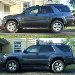Before and after of the Daystar 2.5/1.5 leveling lift