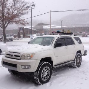 outside the route 66 snowboard shop at the base of the mountain, Snowshoe, WV.