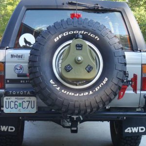 CBI off road tire carrier, 2nd gen. 4Runner license plate mounted to bumper, Daystar Cam can gas can, third brake light