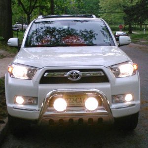 Checkin' out the recently installed, "PIAA 520" fog lights. Using a separate dash-mounted, aft market switch, I wired them so that I can run them with