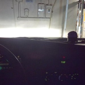 Picture from inside the truck with low beams on, I think the camera was trying to focus inside so it glared really badly from the light.