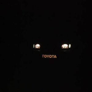 front view of lights with ultra low exposure Amber TOYOTA led plate cover on, the toyota logo is a huge head turner and it looks great and is perfectl