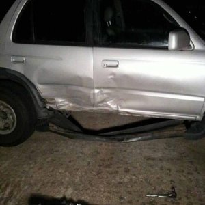 Got t boned by a carolla. Her car hit my rear wheel. I got sent flying about 15 feet to the side with a 180. Her car was nearly 2 feet shorter. Bent a