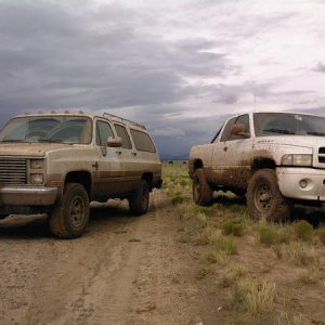 Whyty my old daily driver - '88 chevy suburban 1500 next to my boyfriend's Dodge