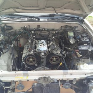 ready to pull! All mounting bolts cracked, all physical connections to the block detached, wiring harness detached, torque converter pushed back and A