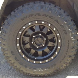 Close up of the new wheels and tires