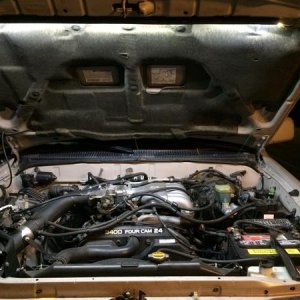 The engine compartment is 100% illuminated in pitch black setting.  Great for emergency roadside needs.