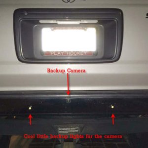 Here is the rear-view camera with four LED lights to illuminate about 7' of space behind the truck.  Both the camera and the lights are activated by t