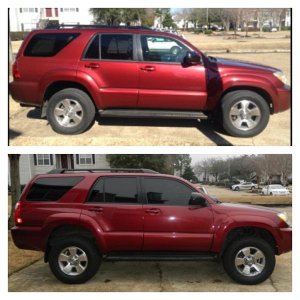 The day I bought it up top. Bottom is 3 months later after 15% tint, bilstein 5100 set to 1.75 plus moog 81108 up front, new rear shocks new moog 8104