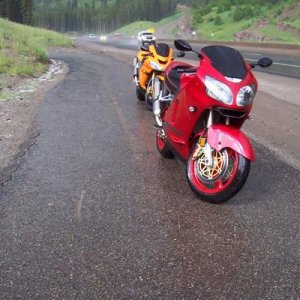 The white stuff is the remnants of the hail storm. The river running to the right of the bikes is not supposed to be a river. Good times. The back bik