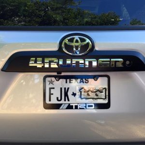 Swapped out Rear Handle Panel (silver) for the TRDP version (black) + new lettering & emblem

7681135220 - TRD Pro Handle Panel (black)
7543206030 - R