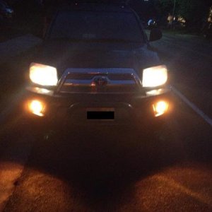 Amber fog light tint at night.