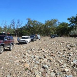 Convoy over the dry river bed.