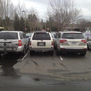 Saw these two at the library, and decided in frustration to park between them.  I'm fairly certain that the guy on the right was completely unable to 