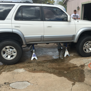 Up on the jacks to install the toyotec ultimate lift.