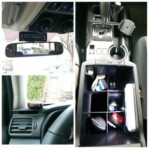Salex Organizer, ProClip phone mount, radar detector on dash