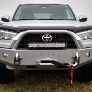 2015 SR5 4Runner with a ShrockWorks front bumper with Warn Zeon 10-S Platinum Winch and Rough Country 20" LED Light Bar.