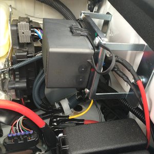 Cooper Bussmann

AOB Switch Harness:

Green Wire (Ignition On/Switched) ->  Green Wire on 12v Power Port in Center Console
Blue Wire (Dimmer/Illuminat