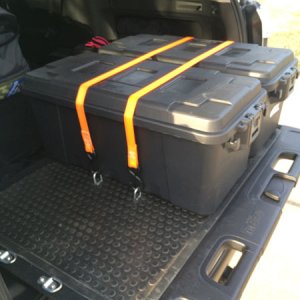 Rear Cargo Storage - Side-by-Side Configuration

Plano 68 Quart Tote (pn# 1719-00)
Keeper 1 in. x 10 ft. x 400 lbs. Cam Buckle Tie Down (pn# 05110)
Ke