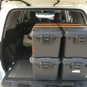Rear Cargo Storage - Stacked Configuration

Plano 68 Quart Tote (pn# 1719-00)
Keeper 1 in. x 10 ft. x 400 lbs. Cam Buckle Tie Down (pn# 05110)
Keeper 