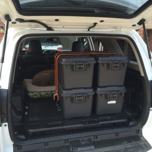 Rear Cargo Storage - Stacked Configuration

Plano 68 Quart Tote (pn# 1719-00)
Keeper 1 in. x 10 ft. x 400 lbs. Cam Buckle Tie Down (pn# 05110)
Keeper 