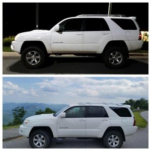 After & Before

Top: FJ Springs & 5100s all around, 2.5" Daystar Spacer in the rear. 

Bottom: Stock XREAS with Daystar Spacer Lift