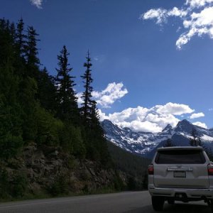North Cascades Hwy above Diablo Lake in Washington state. Centennial and Pyramid peaks in the background.