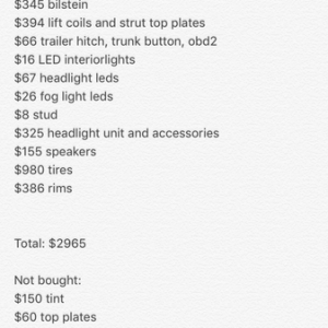 This was my list of stuff I bought. Theres one typo where i wrote headlight unit rather than just head unit (pioneer touch screen). I spend tons of ti