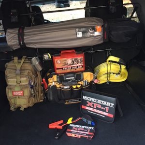 Bug out bag with hunting/medical/emergency tools, Antigravity XP Power Start for battery jump start, First aid Medical Kit (water purification, snake 