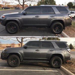 Before top (stock), After bottom: Bilstein 5100's up front set at 1.75" and rear 1" Cornfed spacer with Toytec differential drop kit.
