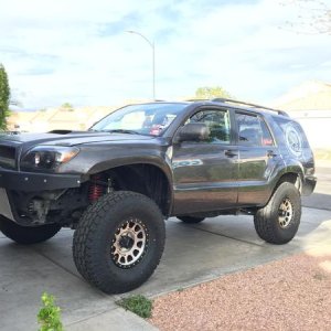 Now-UPDATED
-Toyo Tires Open Country AT2 315/75R17
-Dirt King uniball/heimed UCA
-Maxtrac 4" Spindles 
-Maxx Brakes Drilled/Slotted (4)
-Pro Stop brak