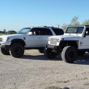 My 98 4Runner, Coilovers and Camburg UCAs. My buddies 06 TJ Wrangler, RC long arm kit, 35's and so on. "Desert Troopers"