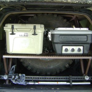 Custom removable rear shelf, and hi-lift mount
