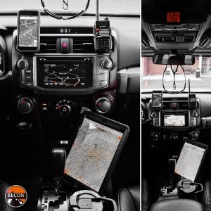 Navigation set-up plus coms. iPad on a home-made mount. Running Hema Explorer mapping and tracking. Midland MXT105 & Beofang GMRS communications. Brac