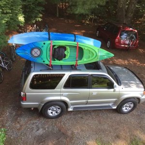 Headed to float the river. Yakima roof rack essential for carrying two kayaks.