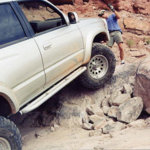 Years ago the Cliffhanger trail in Moab had this dangerous obstacle with a several hundred foot vertical cliff about 20 feet to the right of where thi