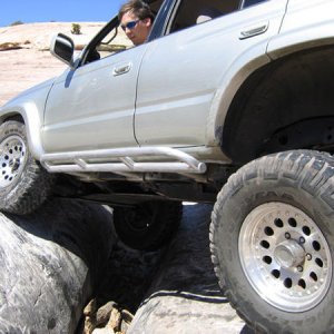 Driving across the Golden Crack on Moab's Golden Spike trail. This is going across it in the usual direction.