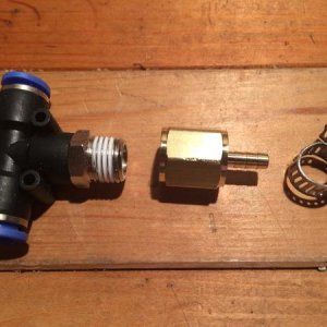 8mm Push to Connect tee fitting w/ 1/4" NPT-M
1/4" NPT-F to 1/8" barb fitting
Hose clamp