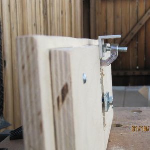 IMG 5330 Mock up drawer front with goose gear compression latch.  Built mock up so as not to damage finished drawer front. no instructions came with l
