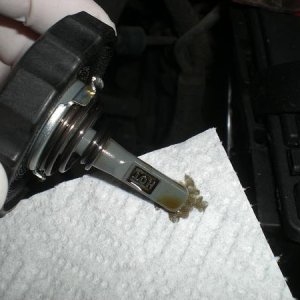Showing the old power steering fluid. Not the correct color.