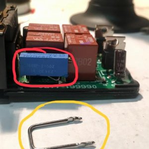 Yellow circle is the shunt resistor I removed.
The red circle is the new trimpot resistor I added to fix hyper blink for LED blinkers.