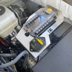 AuxPower bank from Blue Sea Systems on a frame from Overland Equipped.