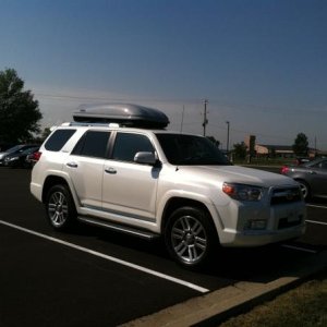 T4R with Thule Evolution 1600XT cargo carrier. Note: propped the rear end of the carrier with rubber spacers. I don't recommend this setup. Best to bu