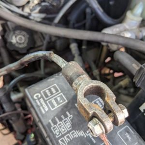 The "original" (not OEM, PO put this on here unfortunately) ground wire. The little tiny wire from the negative terminal to the chassis was also almos