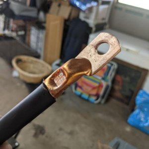The copper wire lugs after soldering and hammer crimping them, but before heat shrink. The hammer crimper was easy to use and creates very strong conn
