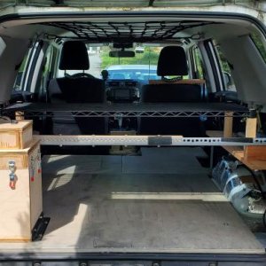 4Runner shelf - rear view. DIY propane locker to contain an 11 lb. Worthington propane tank on the left. This top-loading, sealed propane locker vents