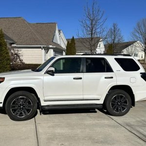 Plasti Dip on chrome at top of door above handle; ABS handle caps with smart key; Plasti Dip on chrome along running board edge; Wheel overlays; Plast